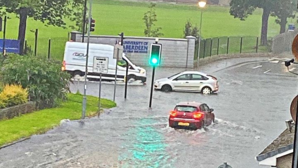 Flooding: Adverse conditions in Aberdeen. <strong>Fubar News</strong>”/><cite class=cite></cite></div><figcaption aria-hidden=true>Flooding: Adverse conditions in Aberdeen. <strong>Fubar News</strong> <cite class=hidden></cite></figcaption></figure><p>STV meteorologist Sean Batty said: “The east of the country has experienced some horrendous conditions overnight with frequent lightning, hailstones and torrential downpours.</p><p>“It looks like Scotland has experienced over 1500 flashes of lightning through these storms with around 300-400 across the Lothians, Edinburgh, Fife, Falkirk and Clackmannanshire.</p><p>“I’ve not seen rainfall totals this high for a long time, with some of the heaviest downpours around Edinburgh, West Lothian, Falkirk, Perth, west and central Fife.</p><blockquote class=wp-block-quote><p>‘It looks like Scotland has experienced over 1500 flashes of lightning through these storms with around 300-400 across the Lothians, Edinburgh, Fife, Falkirk and Clackmannanshire.’</p><cite>Sean Batty, STV meteorologist </cite></blockquote><p>“From what I can see, it looks like 110mm of rain has fallen on the eastern side of Loch Leven in Scotlandwell and Kinnesswood. This is over a month’s worth of rainfall for this part of Fife.</p><p>“Heavy falls occurred in Perth city centre which has had around 80mm of rain from the storms, roughly what we’d expect in five weeks at this time of year. In one hour alone over 40mm of rain fell in the city, which is an astonishing amount of rain in that duration. That’s two thirds of a month’s rain in an hour.</p><p>“Falkirk was also badly affected by the storms with a month’s worth of rain falling here overnight.</p><figure class=