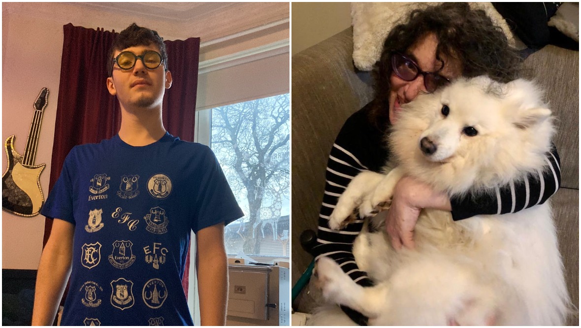 <em>Patrick is a die-hard Everton fan (left), and <em>Indra Joyce with her and Patrick’s dog, a 12-year-old Japanese Spitz named Charlie</em> (@Indra68/Twitter/PA)</em>” /><cite class=