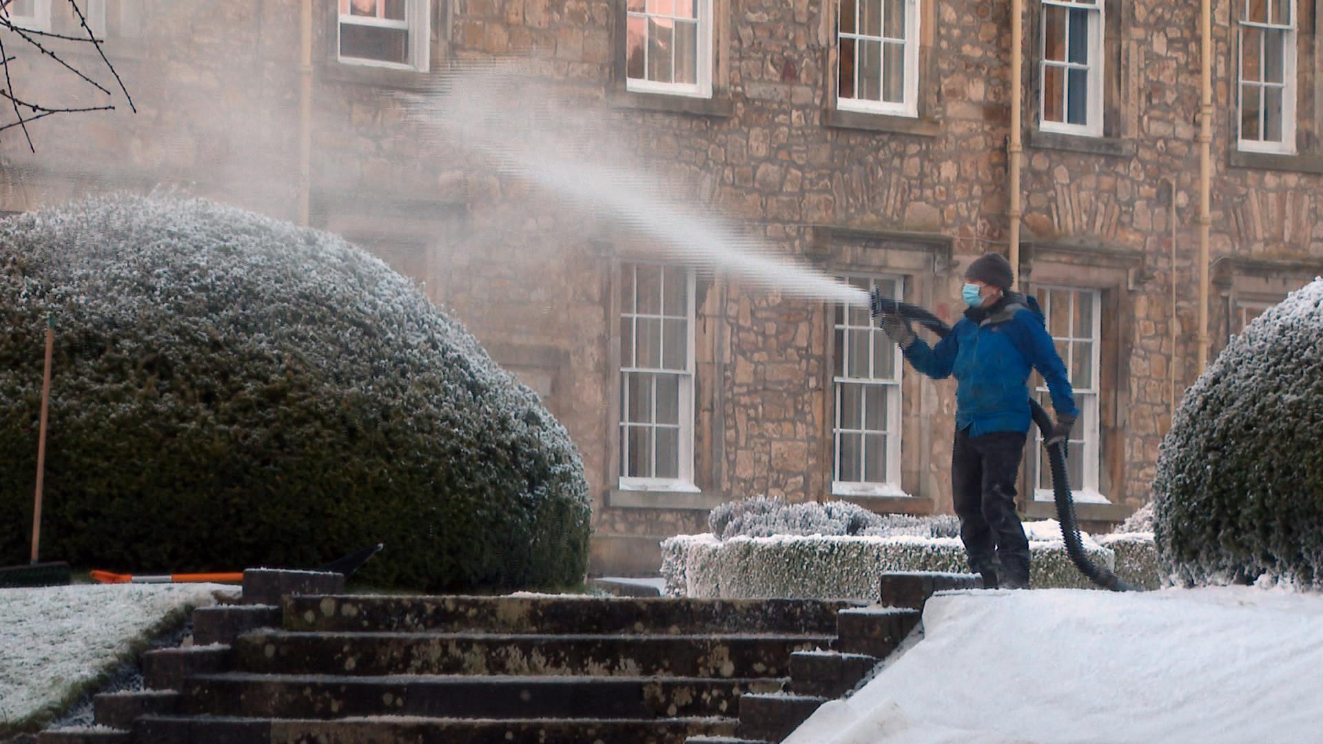 Fake snow decorates Newbattle Abbey College in Dalkeith.