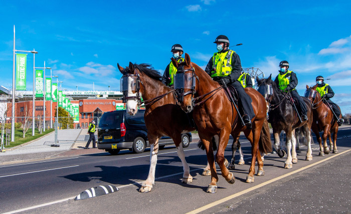 A large police presence surrounds the ground during the Scottish Premiership match between Celtic and Rangers at Celtic Park, on March 21, 2021, in Glasgow (Ross MacDonald/SNS Group)