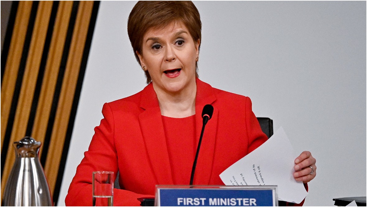First Minister Nicola Sturgeon gives evidence to a Scottish Parliament committee examining the handling of harassment allegations against former first minister Alex Salmond on March 3, 2021, in Edinburgh.