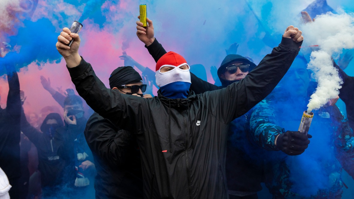 Ibrox: Fans gathered outside the stadium.