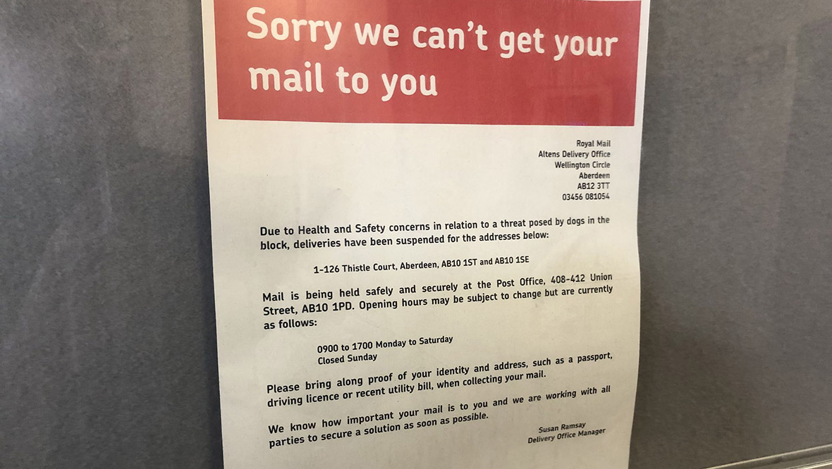 Royal Mail notice at Thistle Court in Aberdeen.