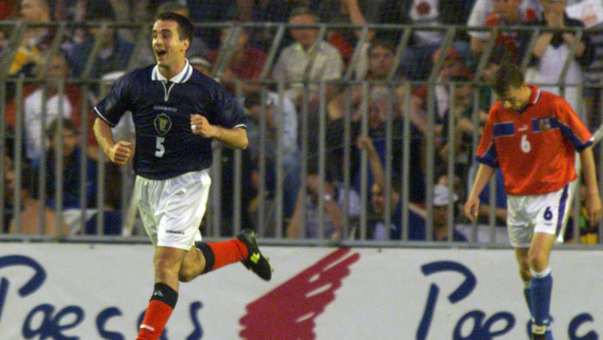 Paul Ritchie celebrates after scoring for Scotland in Prague.