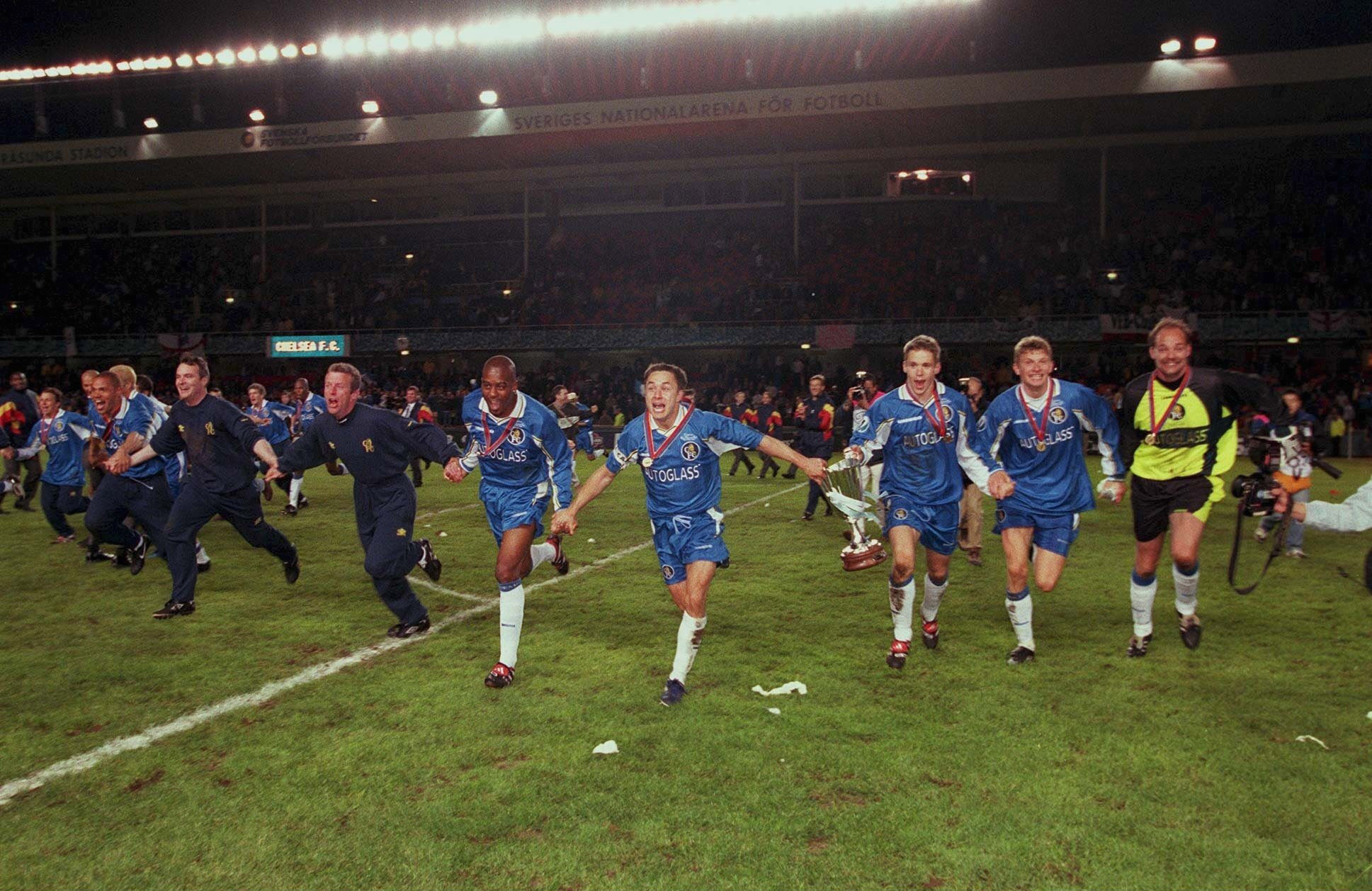 Chelsea celebrate after winning the European Cup Winners Cup in 1998.