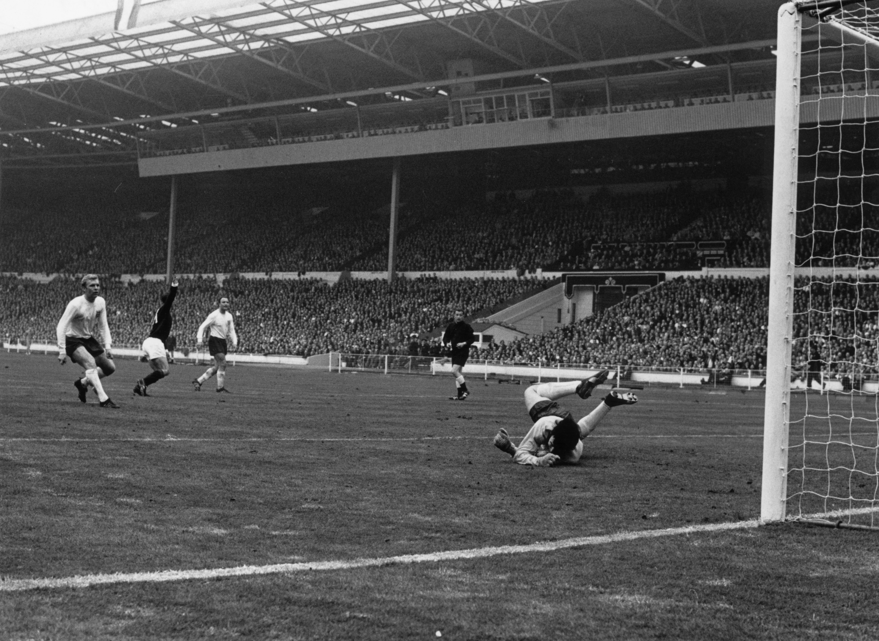 Bobby Lennox turns to celebrate his goal at Wembley in 1967.