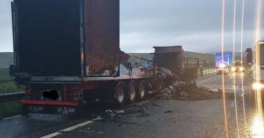 Lorry destroyed after catching fire on motorway with road closed
