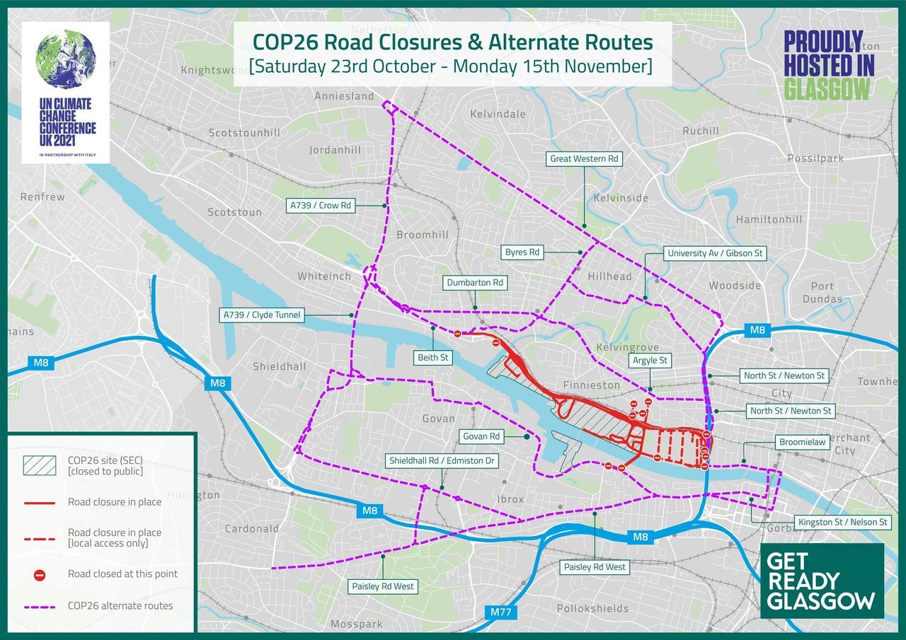 Alternate routes for the COP26 road closures from October 23 until November 15.
