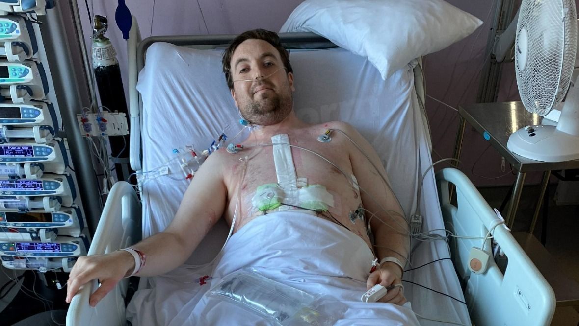 Ross Peters recovers in hospital after his heart transplant.
