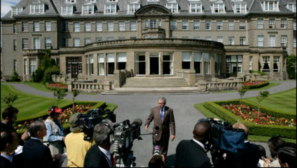 President George W Bush speaks to the media outside Gleneagles Hotel on July 7, 2005.