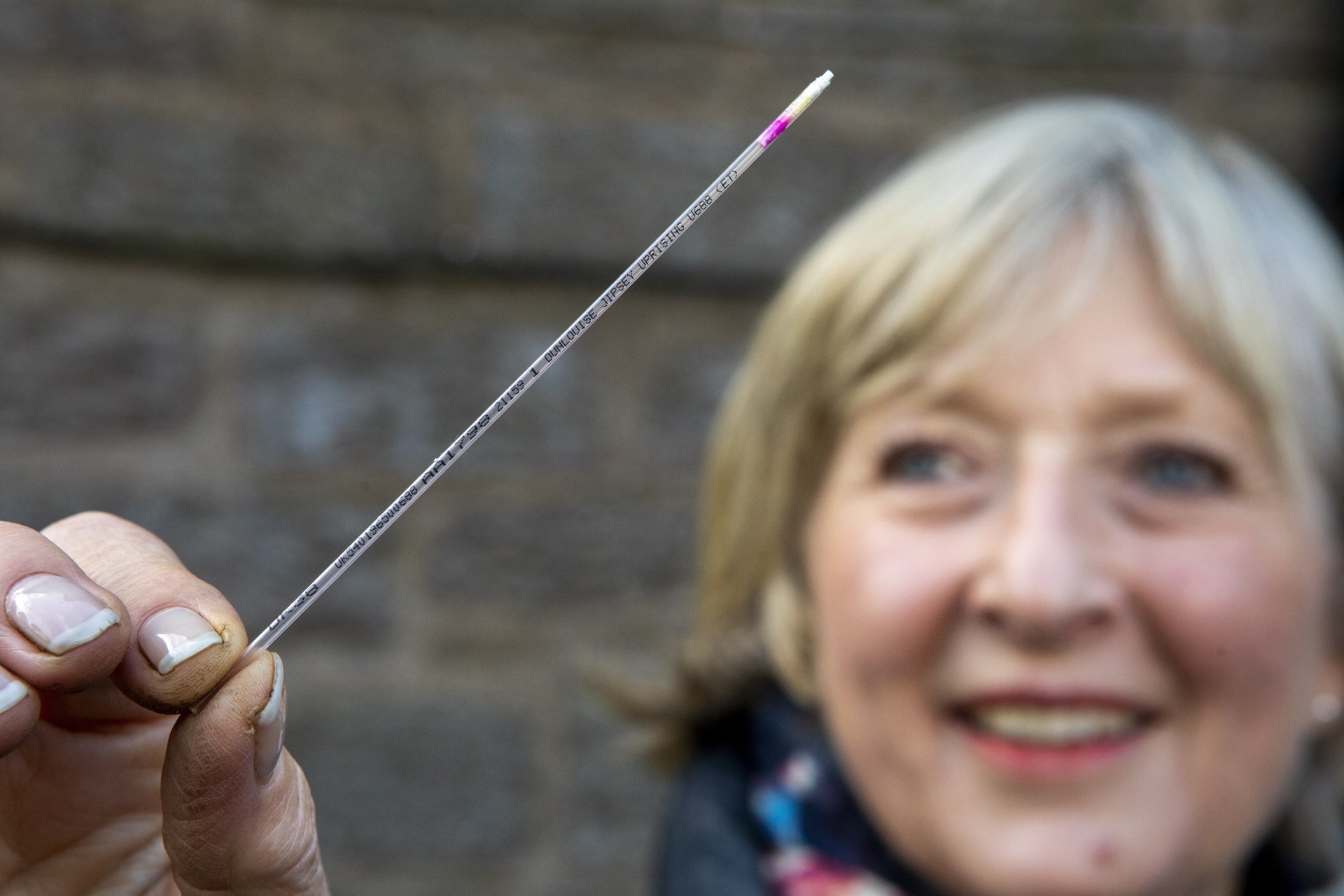 Farmer Julia Soutar with semen sample of Native Aberdeen Angus at Kingston Farm in Angus. 