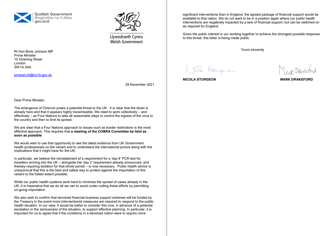 The letter to Boris Johnson signed by Nicola Sturgeon and Mark Drakeford. (Scottish Government)