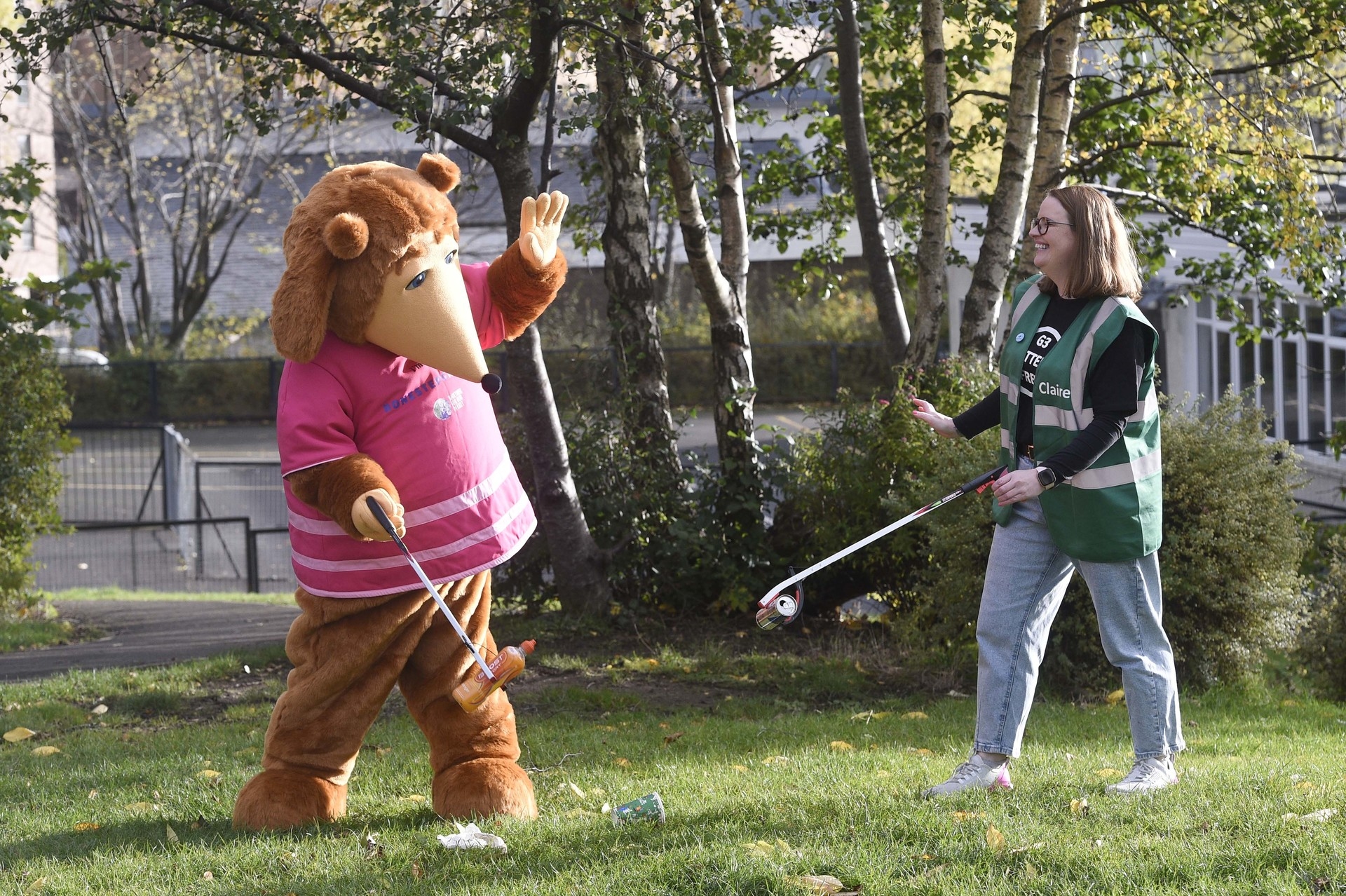 Alderney helped Claire Campbell litter-pick in Glasgow.