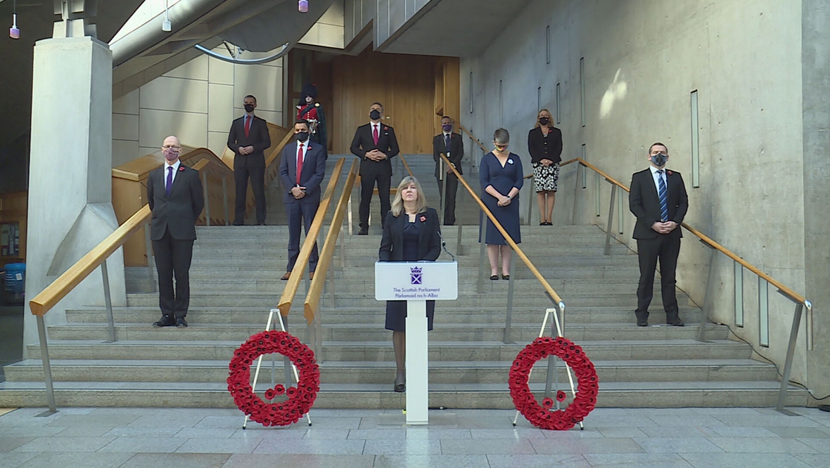 Holyrood’s presiding officer Alison Johnstone led a two-minute silence to mark Armistice Day in the Scottish Parliament.