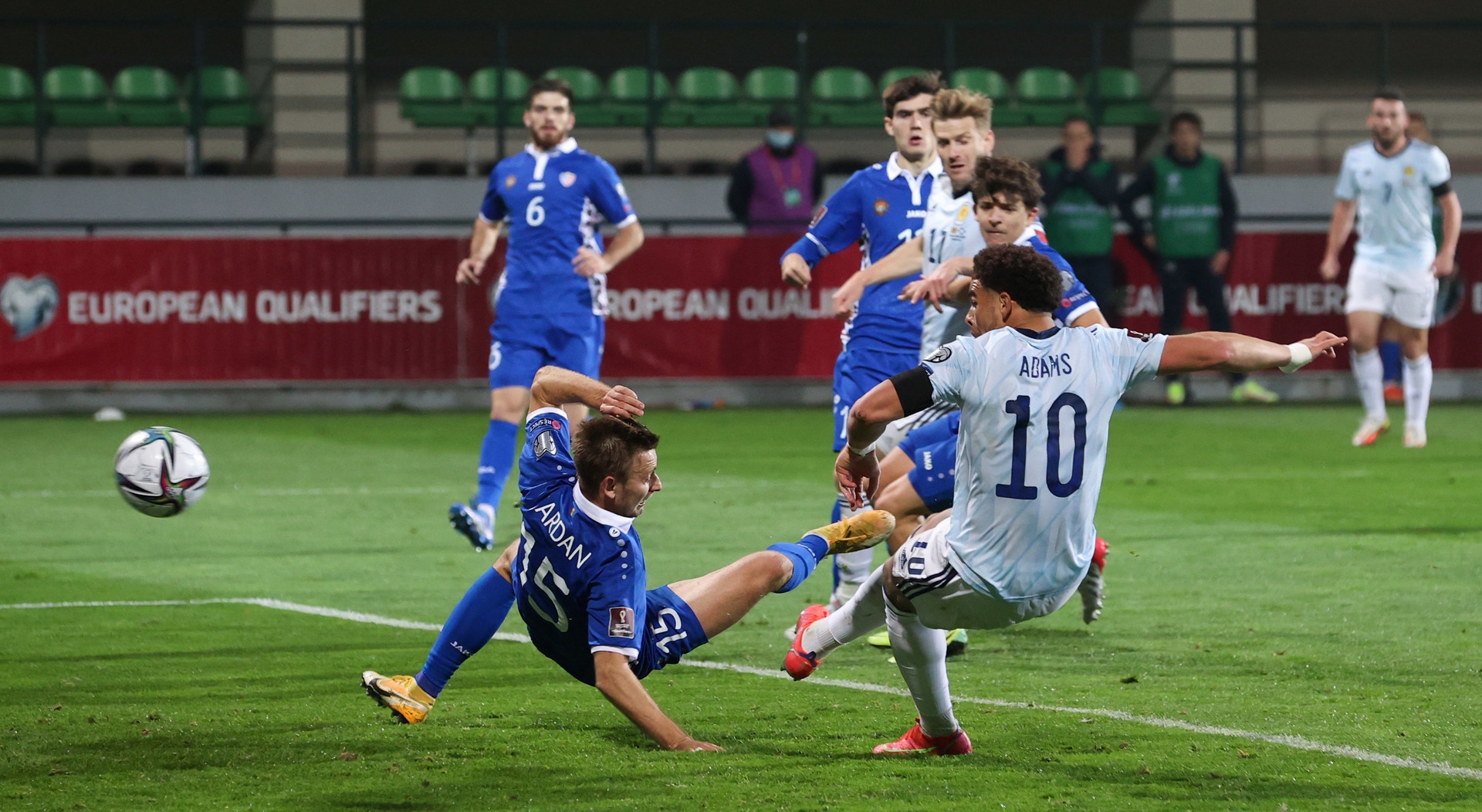 Scotland's place in the play-offs was all but secured when Che Adams - who had been unlucky in front of goal - volleyed home Patterson's cross.