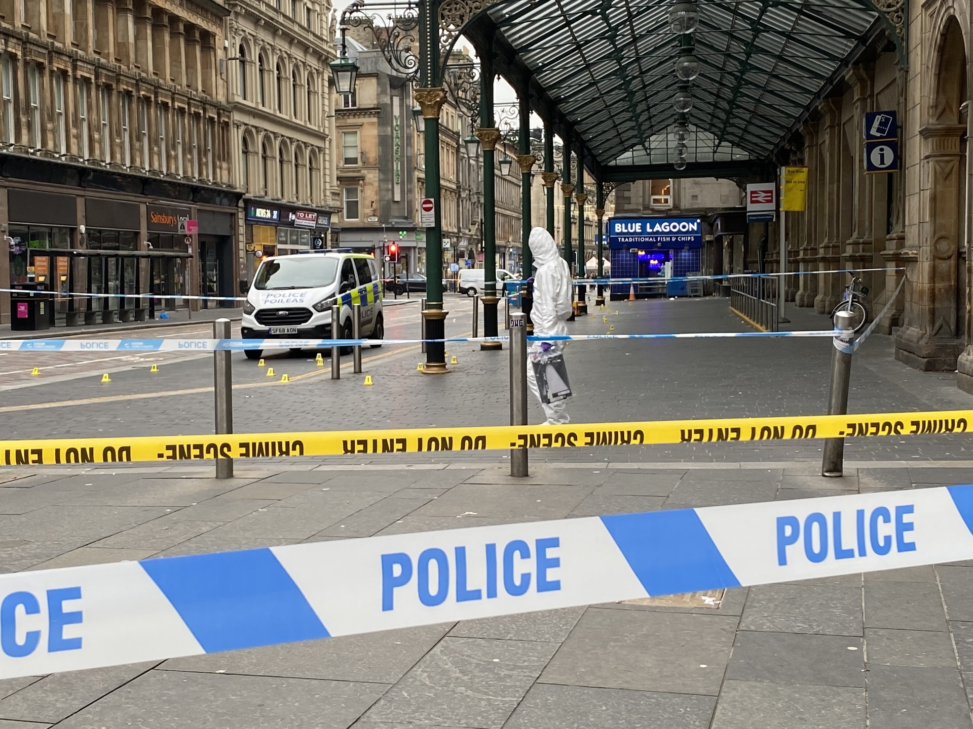 A cordon remains in place around the scene outside Central Station in Glasgow.