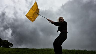 Stock image of a woman's umbrella getting caught in a wind gust.