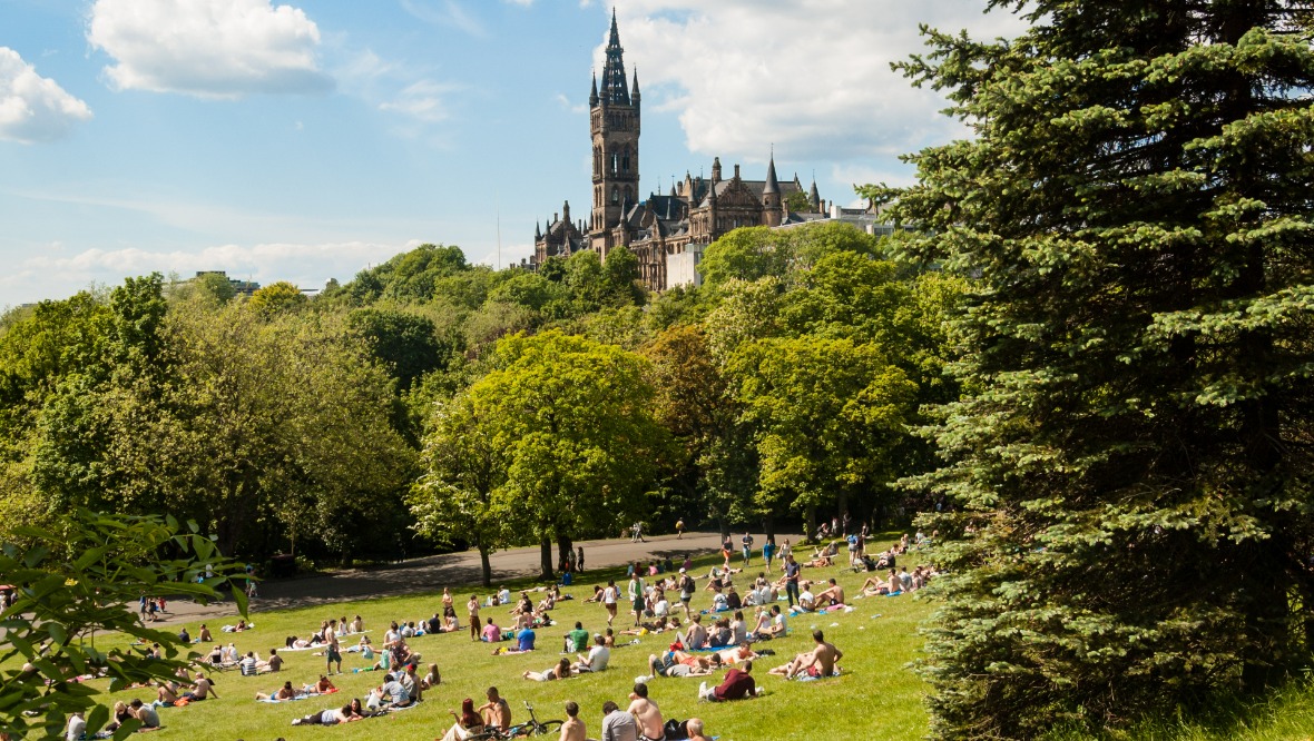 View of Kelvingrove Park and the University of Glasgow.