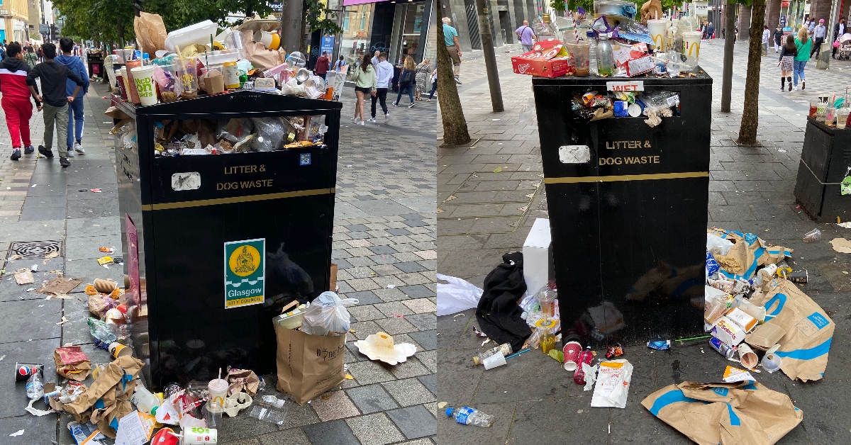 Bins overflowing on Sauchiehall Street in Glasgow city centre.