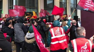 Hundreds gather at Scottish Power headquarters in Glasgow in protest for affordable energy