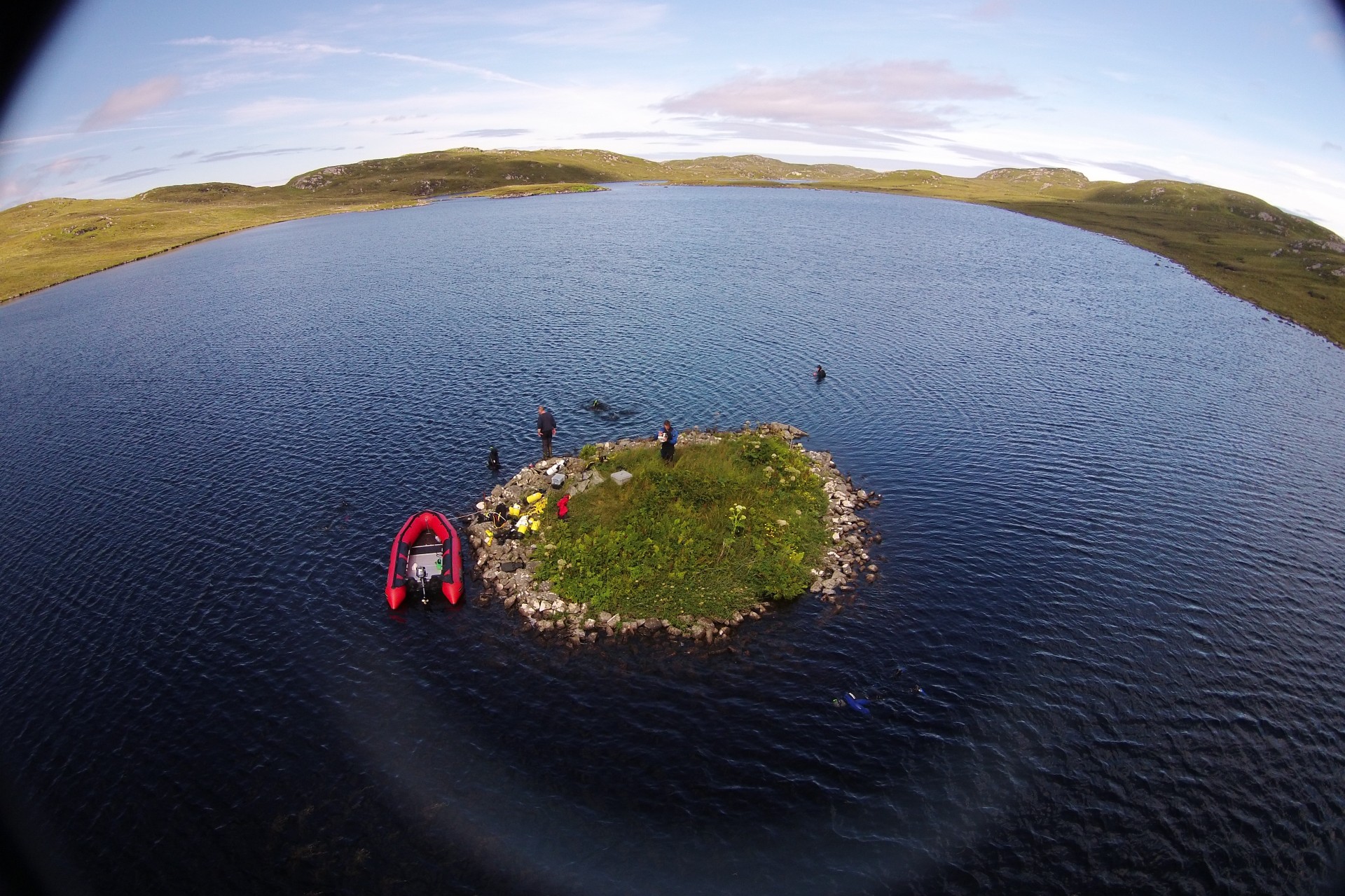 Aerial view of the crannog at Loch Langabhat.