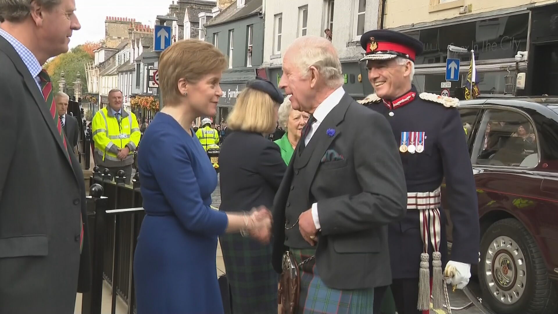 First Minister Nicola Sturgeon greets King Charles III in Dunfermline.