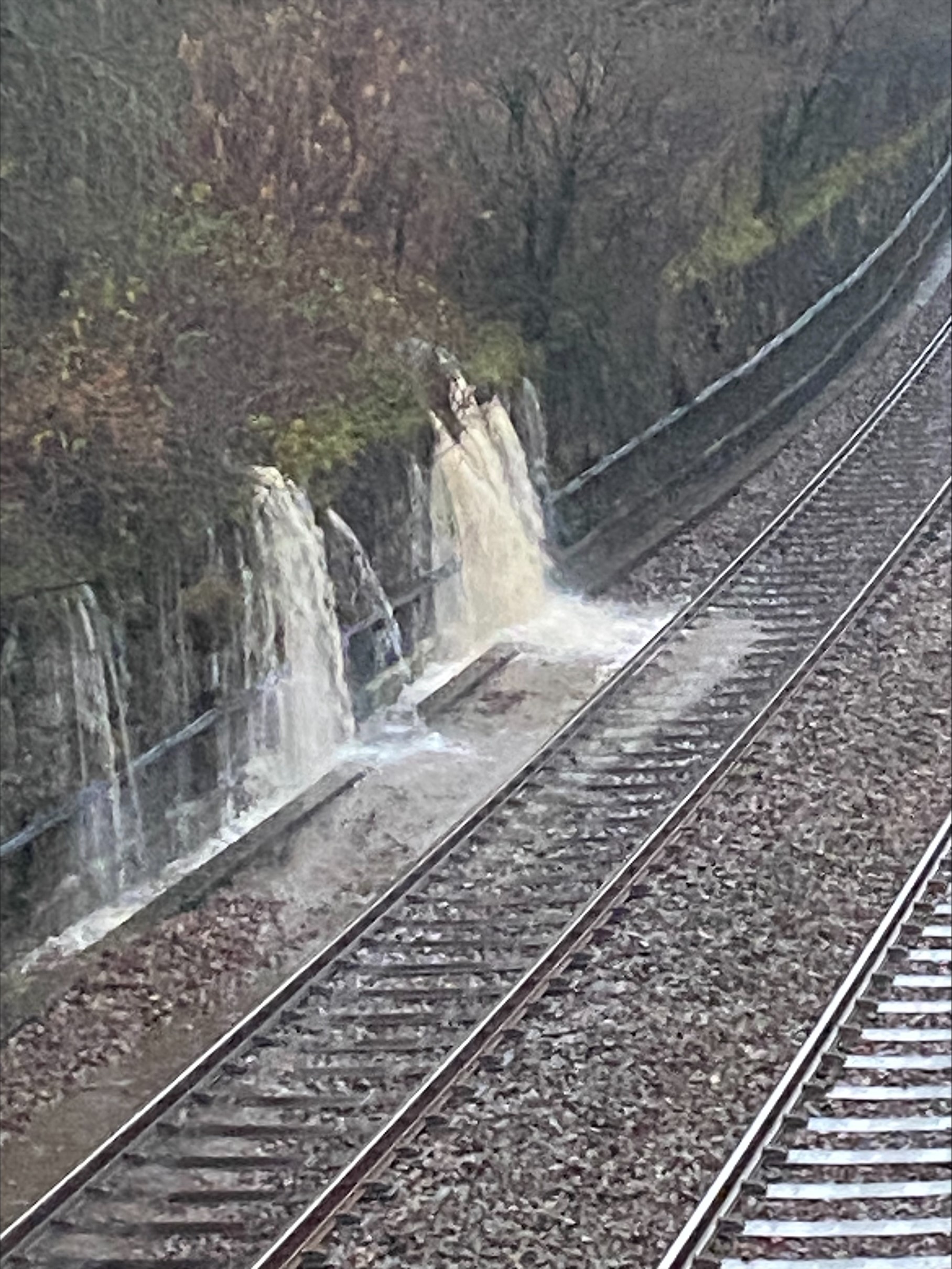 Heavy rain flooding onto railway at Markinch