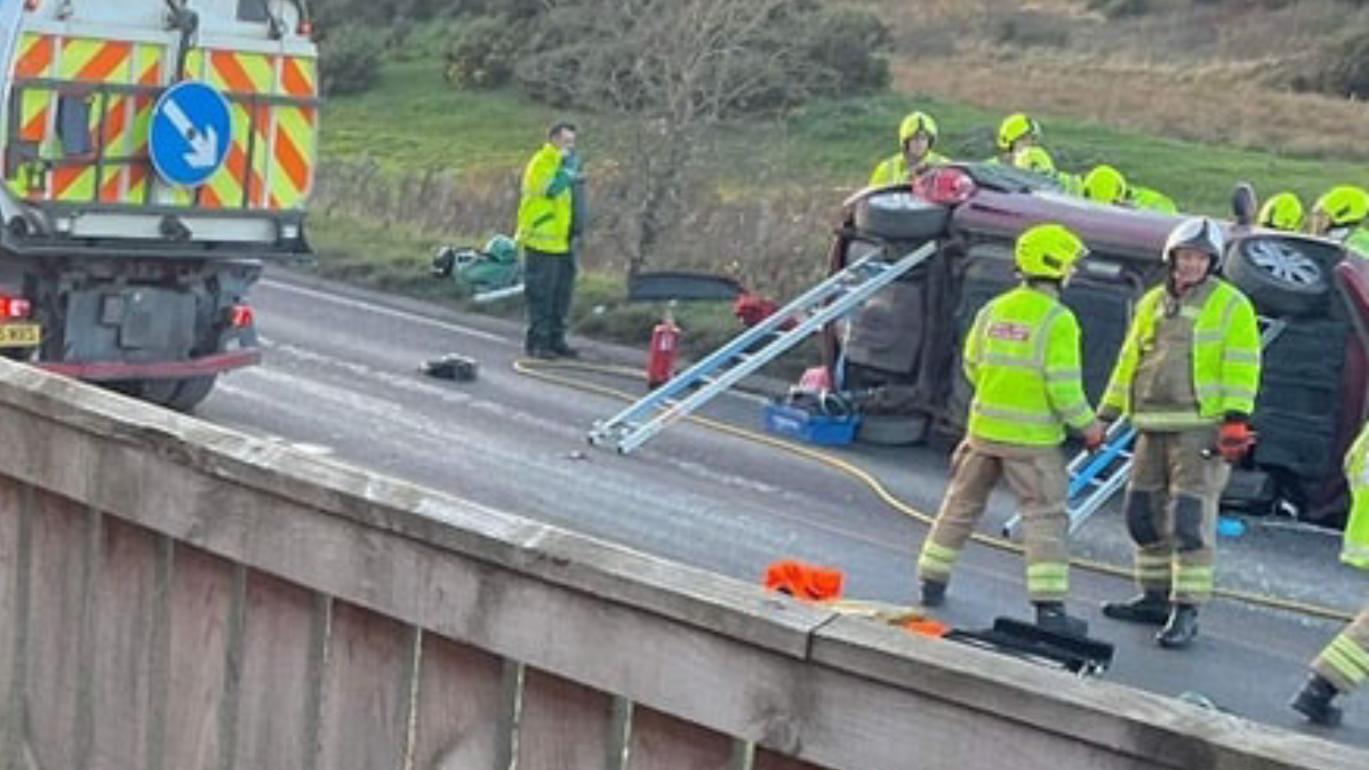 Images on social media showed the car had landed on its side.