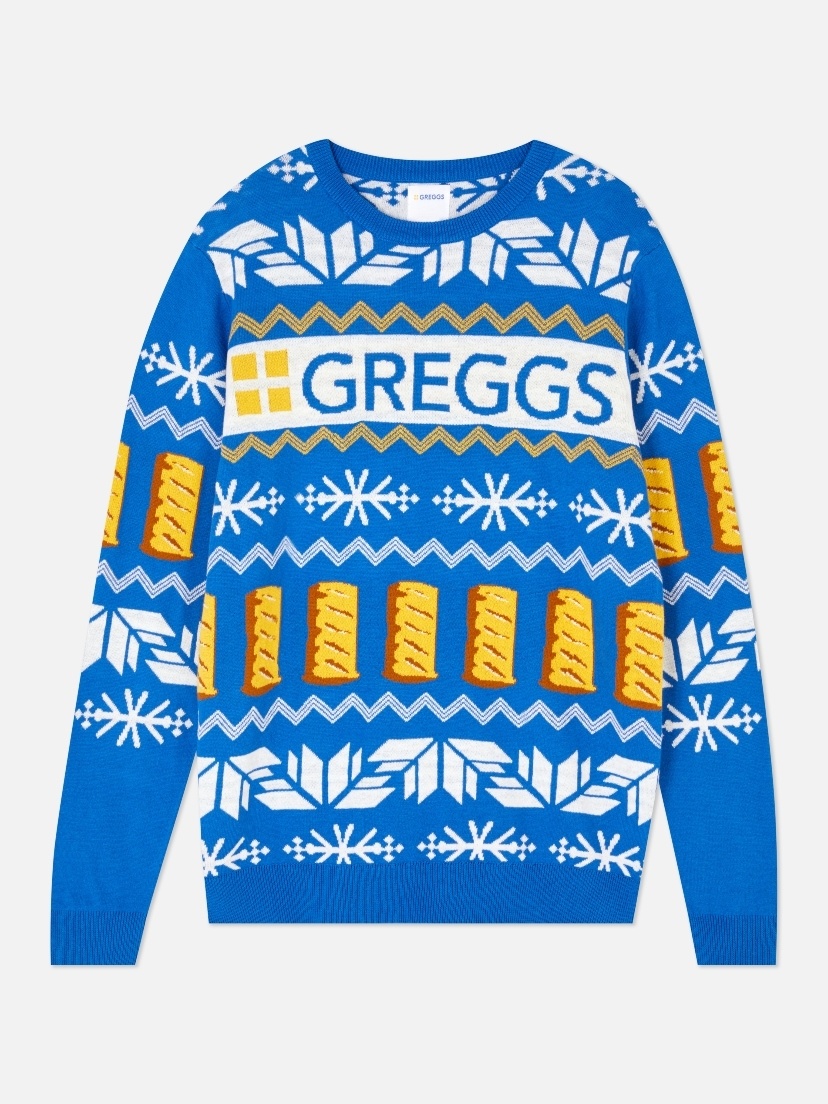 The range includes a sausage roll-patterned festive jumper.