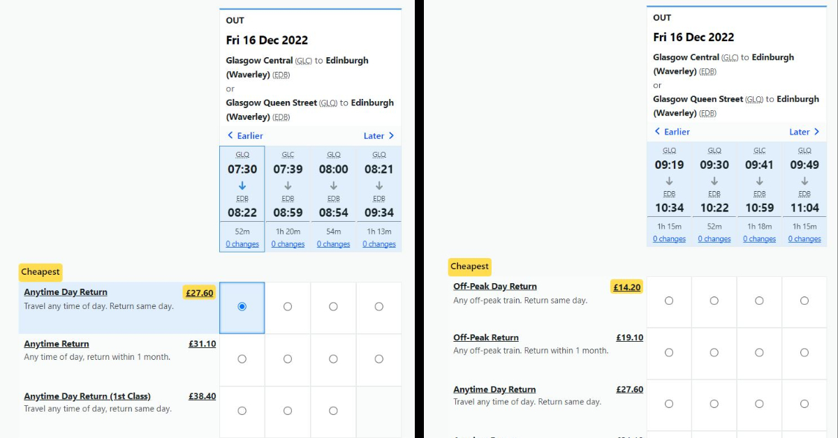 Peak and off-peak ticket prices for a ScotRail service between Glasgow and Edinburgh.