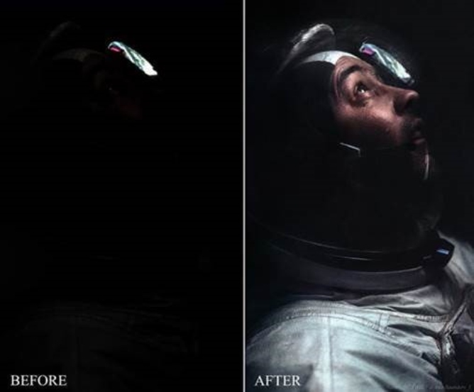 A before and after comparison of a remastered image of Neil Armstrong on the moon.