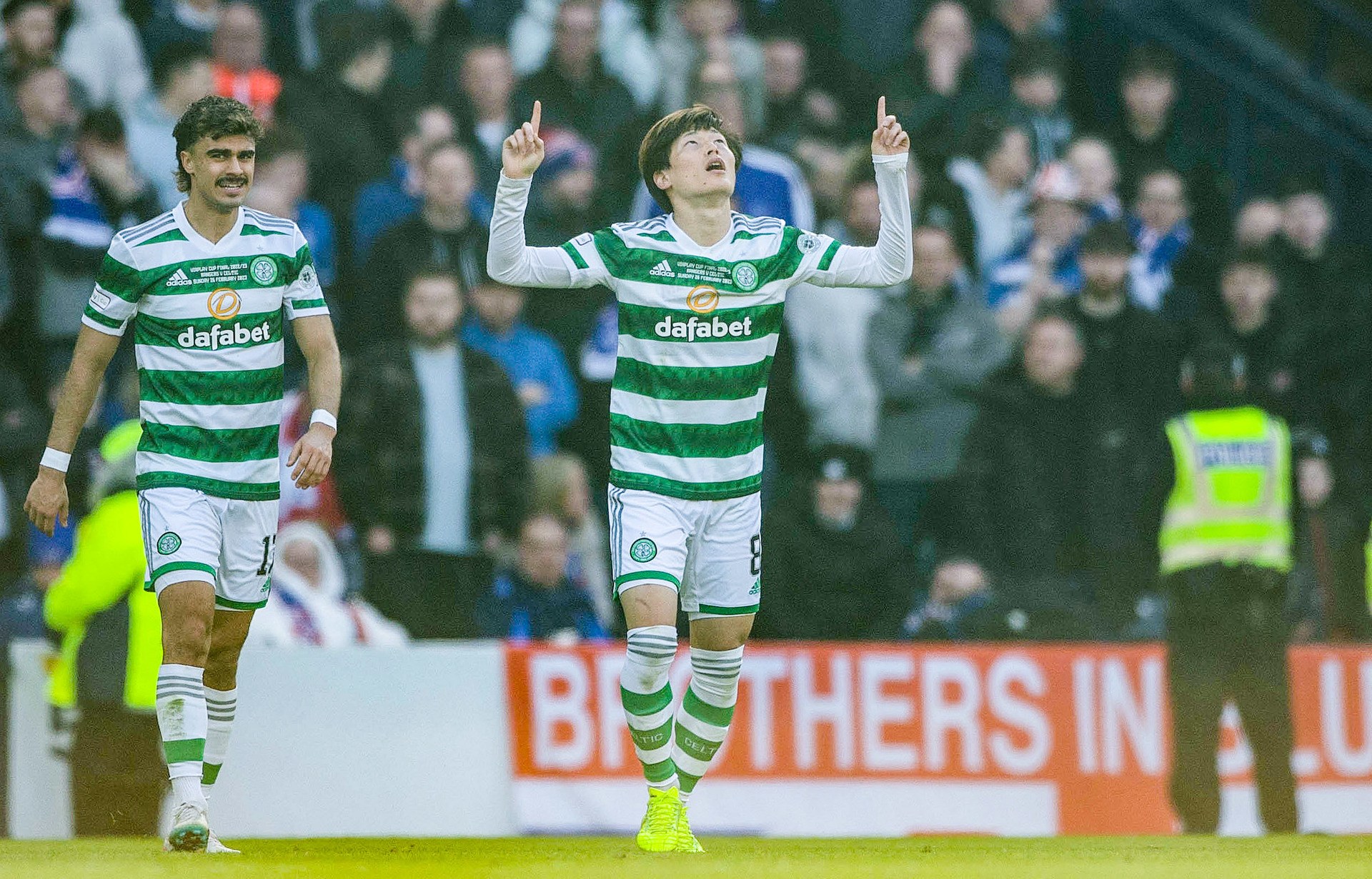 Celtic's Kyogo Furuhashi celebrates his first half opener.