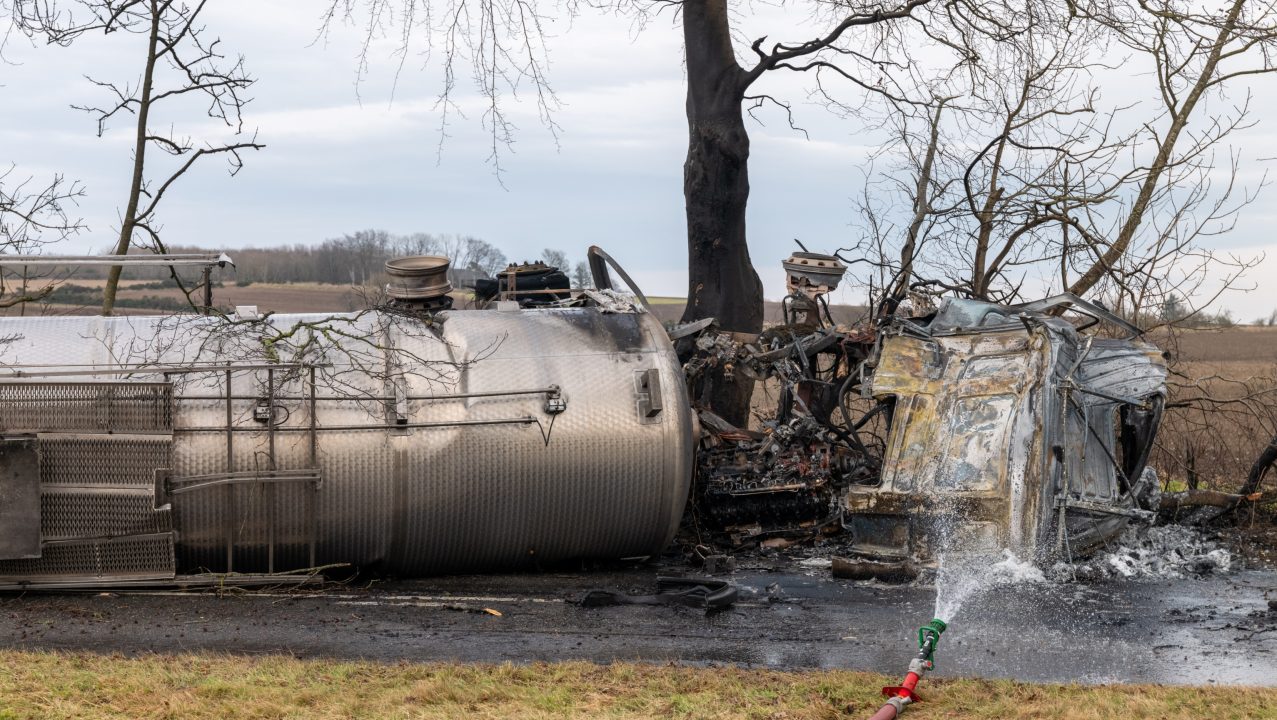 Tanker flips over and bursts into flames as fire crews rush to scene in Banff, Aberdeenshire