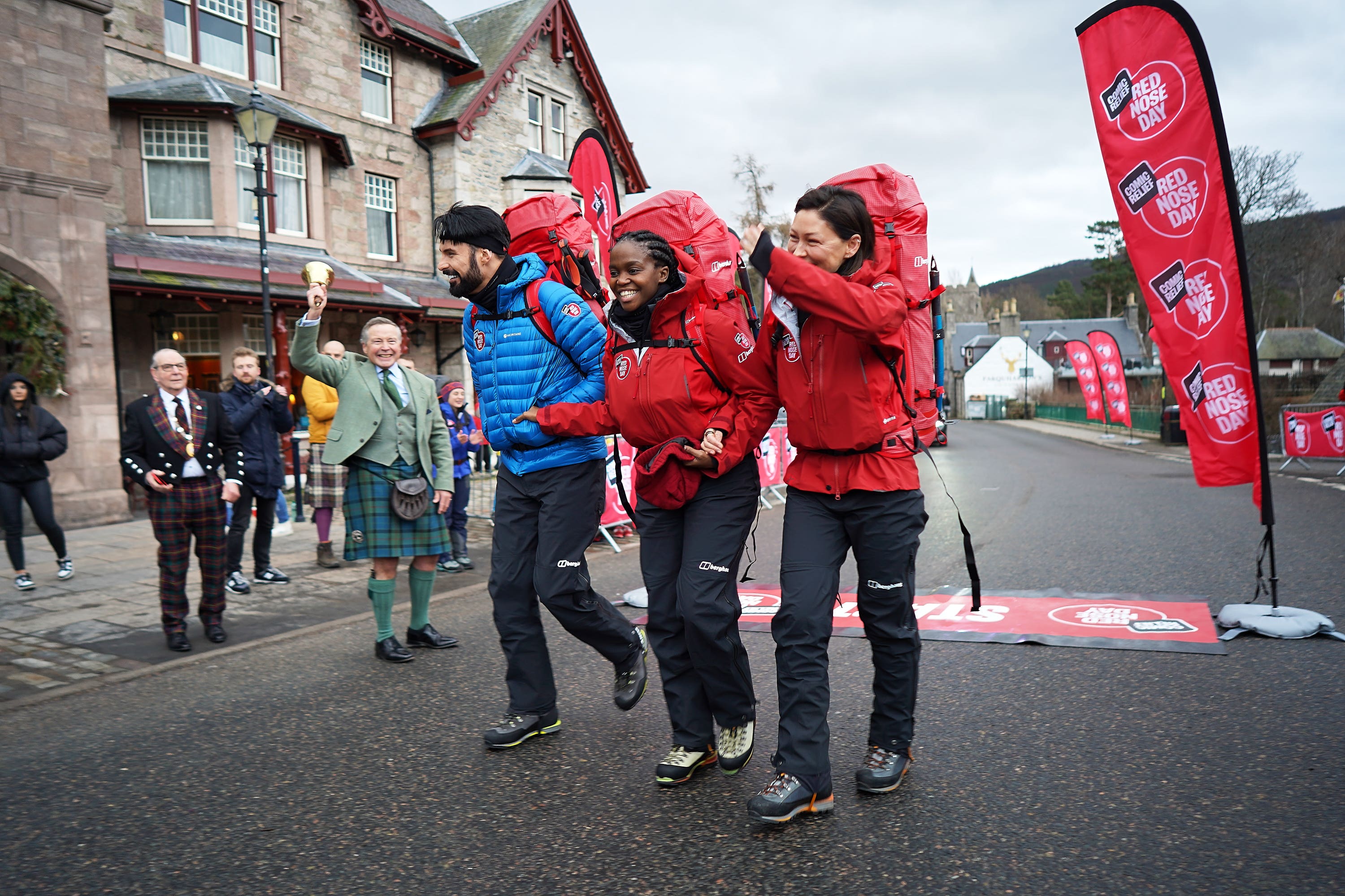 Rylan Clark, Oti Mabuse and Emma Willis set off from the village of Braemar, near Aberdeen, on Wednesday morning.