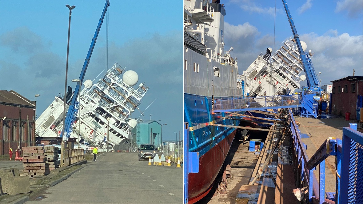 The Petrel, owned by the US Navy, was left leaning at a 45-degree angle in the dry dock.