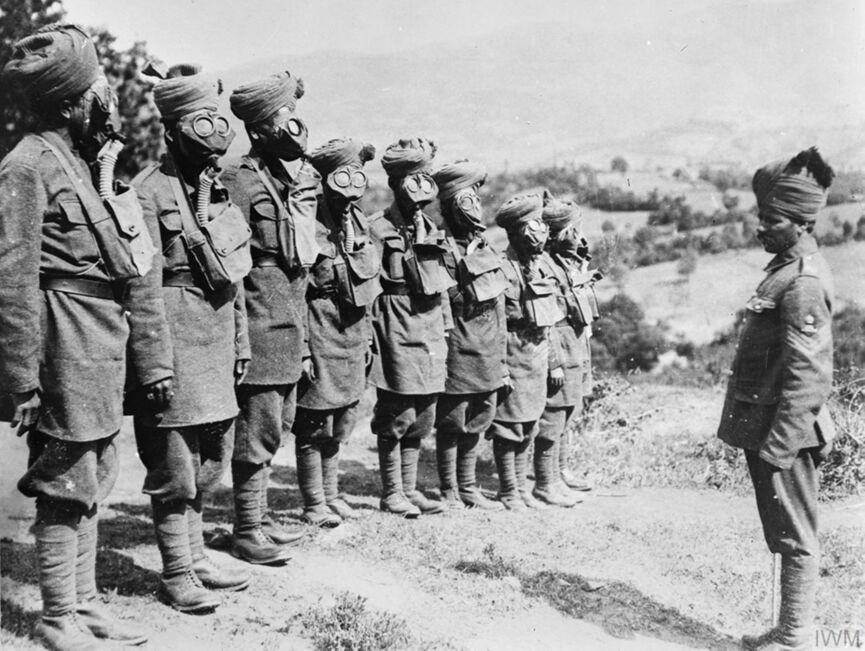 British Indian soldiers during a gas mask drill during the first World War.