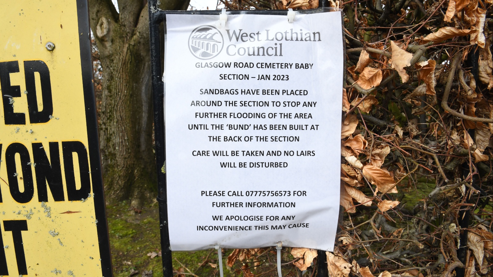 A notice of the work being carried out was attached to the cemetery gates.