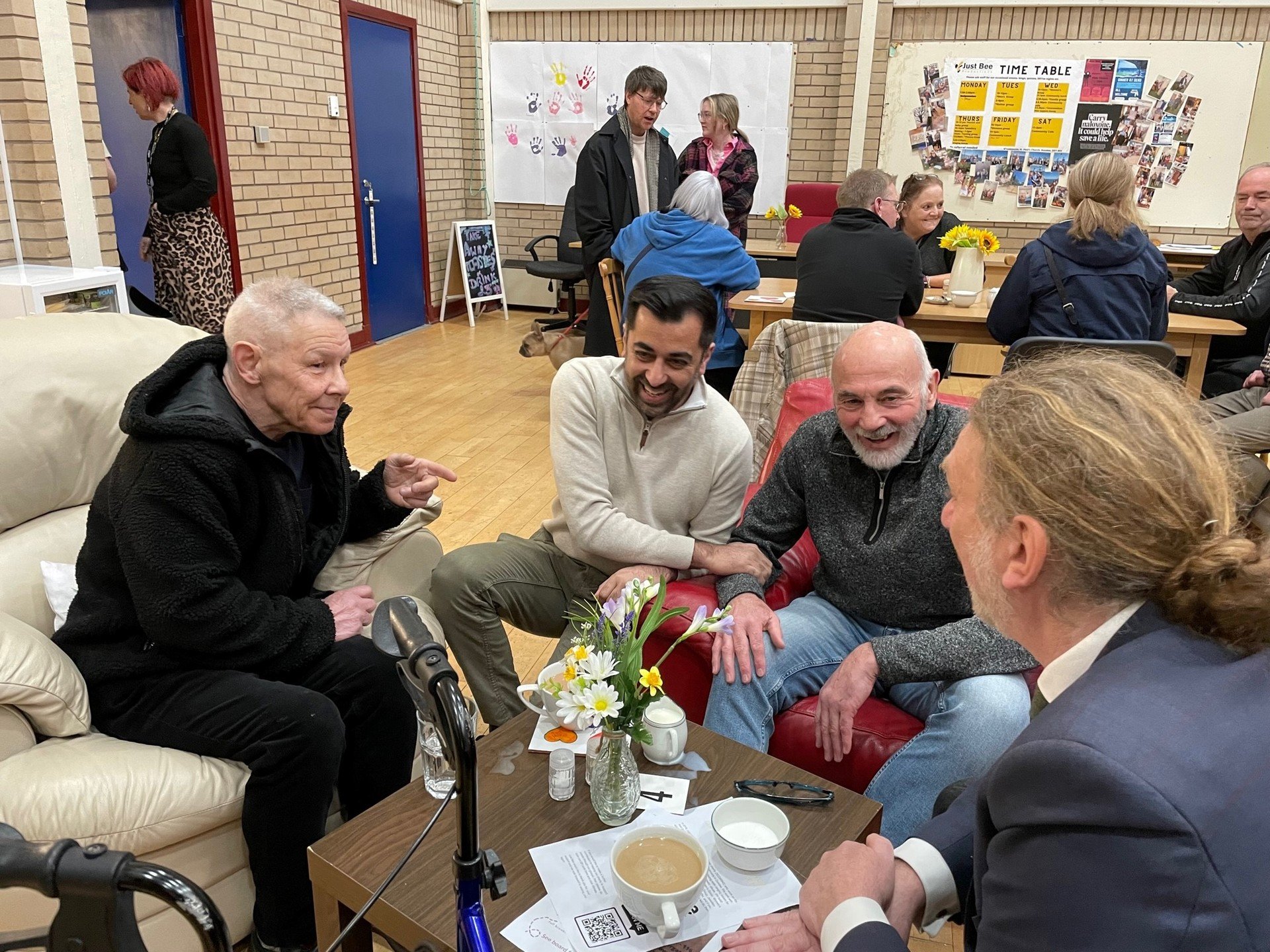 Humza Yousaf met people at Just Bee Productions in Dundee while on a national campaigning day to mark his first month as First Minister.