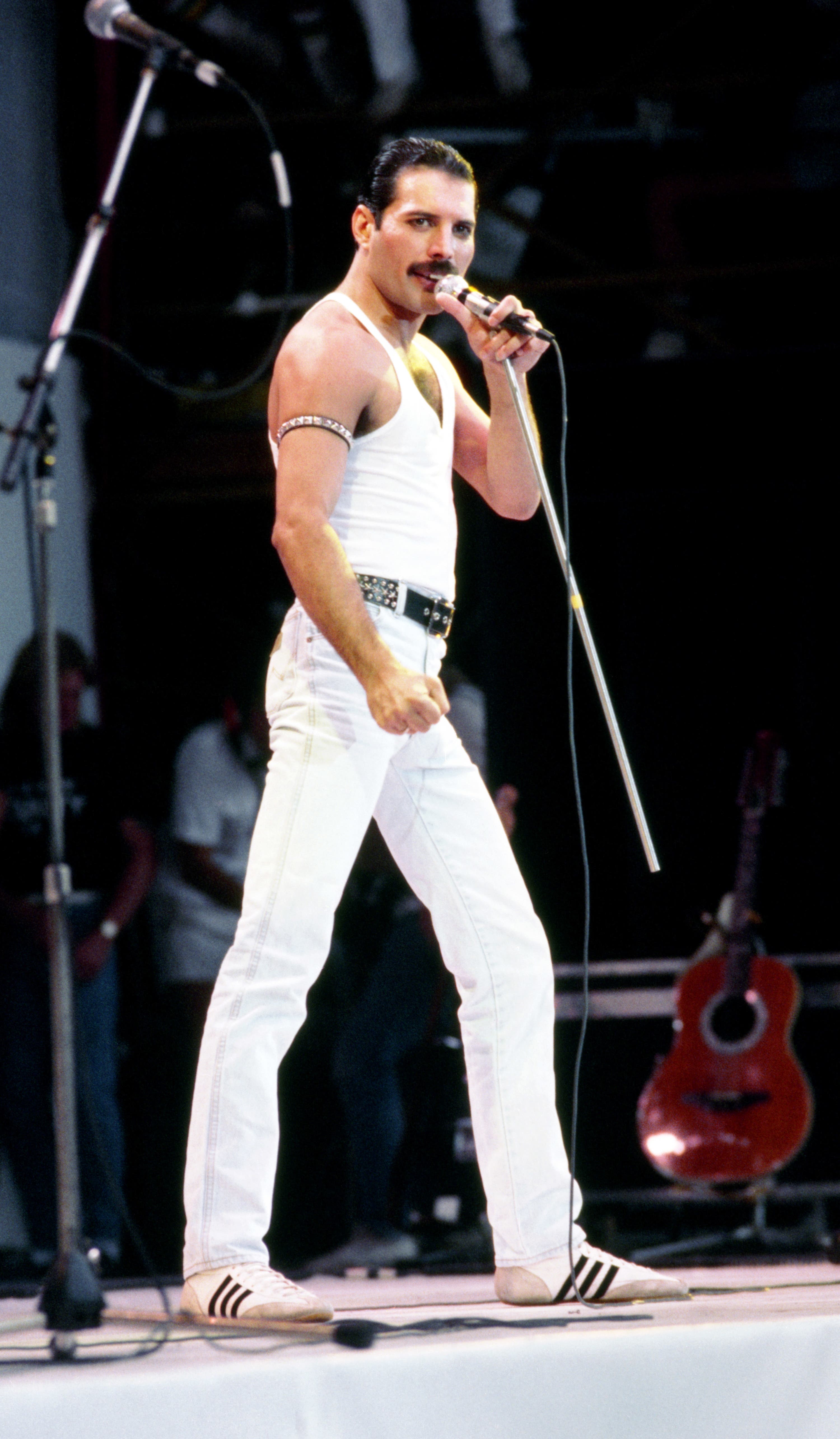 Freddie Mercury performing with Queen, during the Live Aid charity concert in 1985