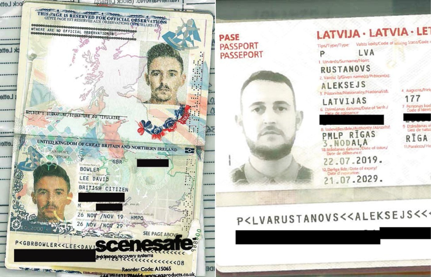 FOG UK passport issued to Jordan Owens in the name of Lee Bowler and FOG Latvian passport in the name of Aleksejs Rustanovs issued to Christopher Hughes.