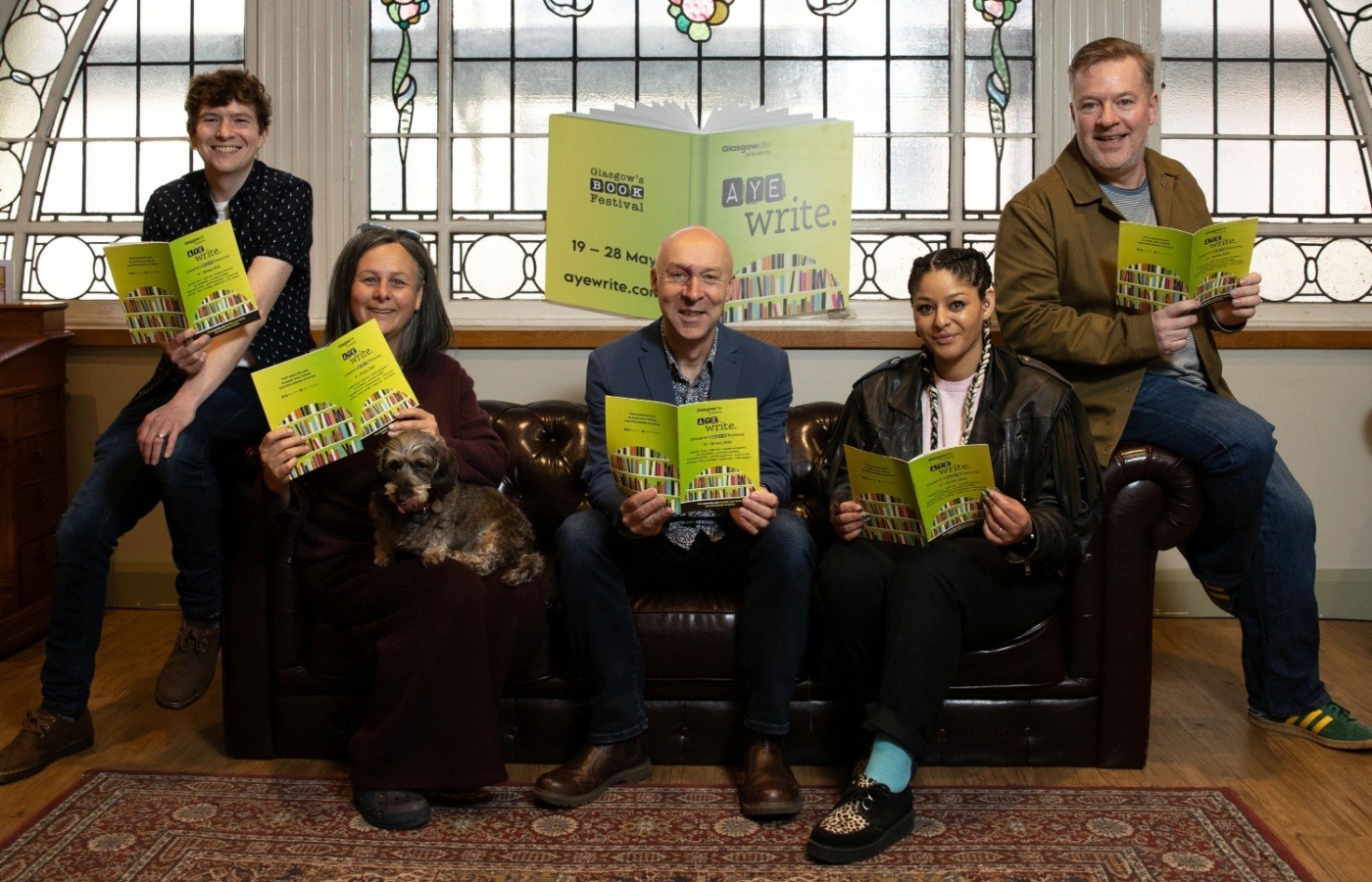 Chris Brookmyre, Sara Sheridan, Charlie Connelly, Layla-Roxanne Hill, and Callum McSorley launching Aye Write in 2023.