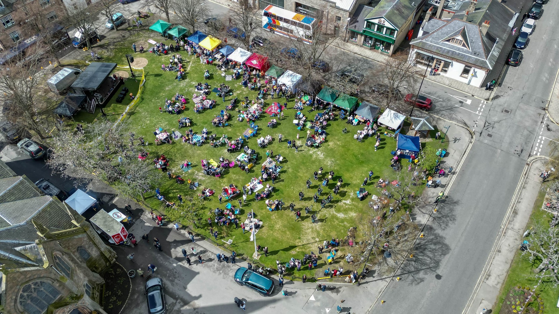 Drone shot of the Ballater Coronation Big Lunch.