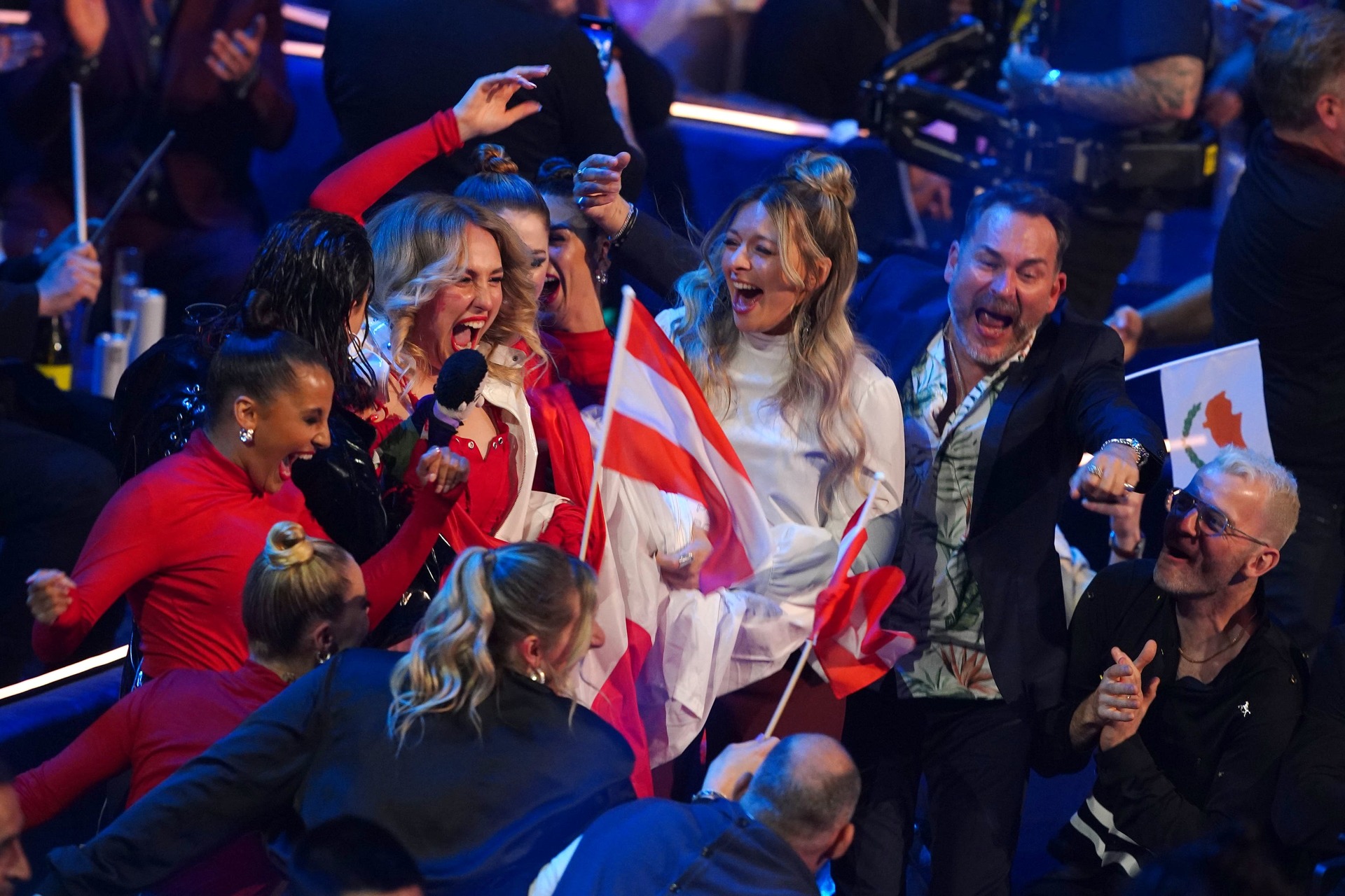 Austria’s entry Teya & Salena celebrate after qualifying.