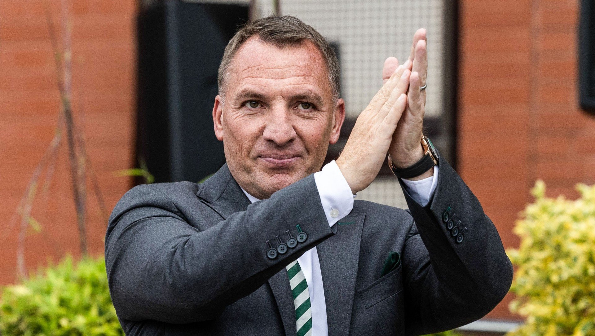 GLASGOW, SCOTLAND - JUNE 23: Brendan Rodgers addresses the fans outside as he is unveiled as the new Celtic manager at Celtic Park for the second time, on June 23, 2023, in Glasgow, Scotland. (Photo by Craig Foy / SNS Group)