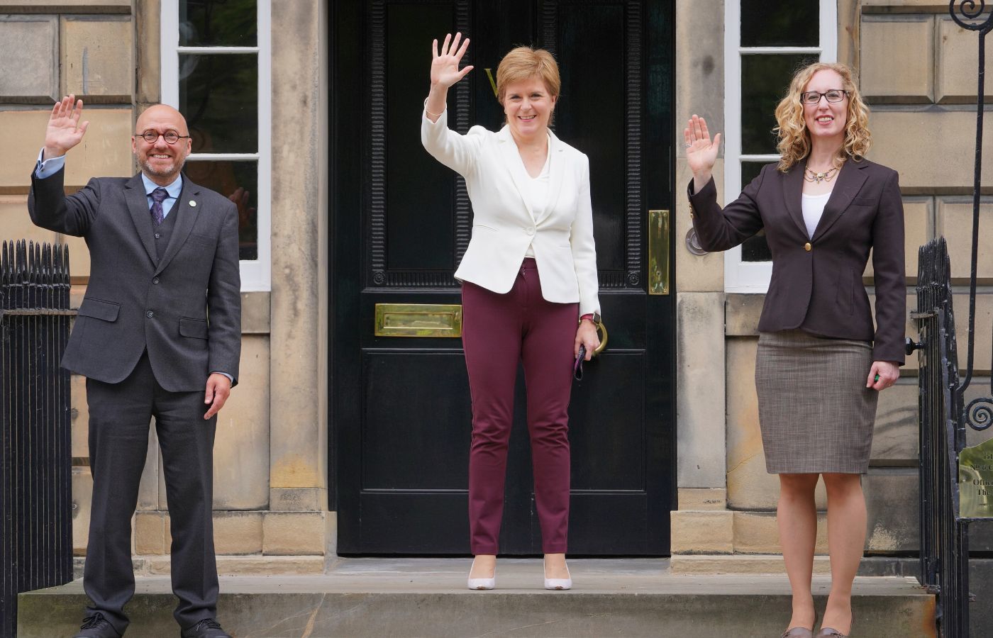 Patrick Harvie, Nicola Sturgeon and Lorna Slater following the signing of the Bute House Agreement.