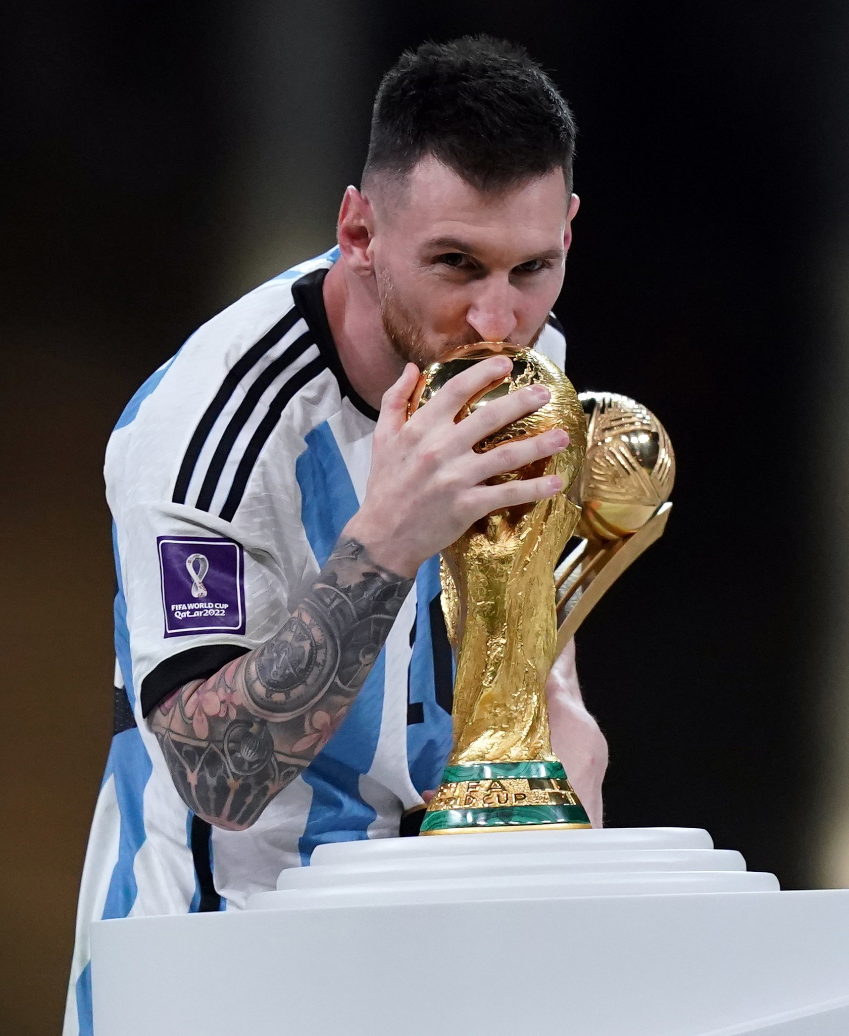 Argentina's Lionel Messi kisses the FIFA World Cup trophy after being presented with the Golden Ball award following victory in the FIFA World Cup final at Lusail Stadium, Qatar. <em> (Mike Egerton/PA)</em>”/><cite class=cite></cite></div><figcaption aria-hidden=true>Argentina’s Lionel Messi kisses the FIFA World Cup trophy after being presented with the Golden Ball award following victory in the FIFA World Cup final at Lusail Stadium, Qatar. <em> (Mike Egerton/PA)</em> <cite class=hidden></cite></figcaption></figure><p>Galtier was keen to pay tribute to his on-field contributions.</p><p>He said: “He has always been available, always present in the training sessions.</p><p>“Despite the remarks or criticisms that I don’t think were justified at all, he has always been at the service of the team, both as a provider of assists and as a goalscorer.</p><p>“He is 35 years old, there was a World Cup in the middle of the season. His stats outside of the World Cup, correct me if I am wrong, but I think he is on 21 goals and 22 assists, which means he has (contributed) 43 times this season.”</p><div class=