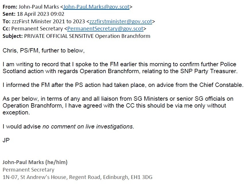 Correspondence between John-Paul Marks, the Scottish Government's permanent secretary, and First Minister Humza Yousaf.