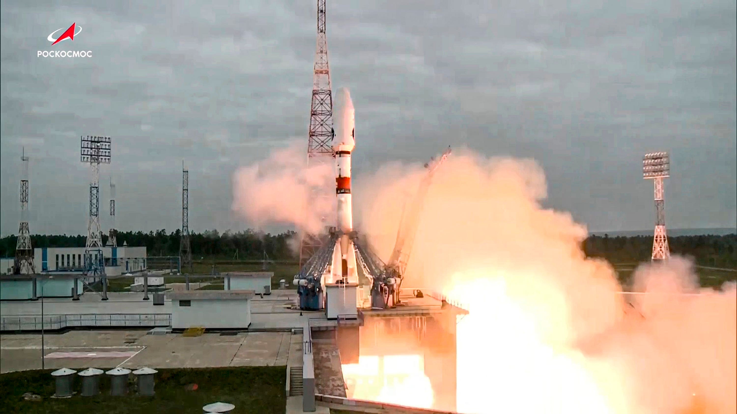 A rocket with the moon lander Luna-25 automatic station taking off from a launch pad.