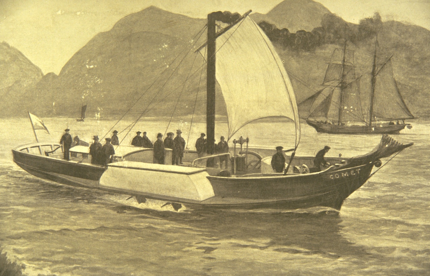 An illustration shows the Comet passing Dumbarton Castle on the Clyde. 