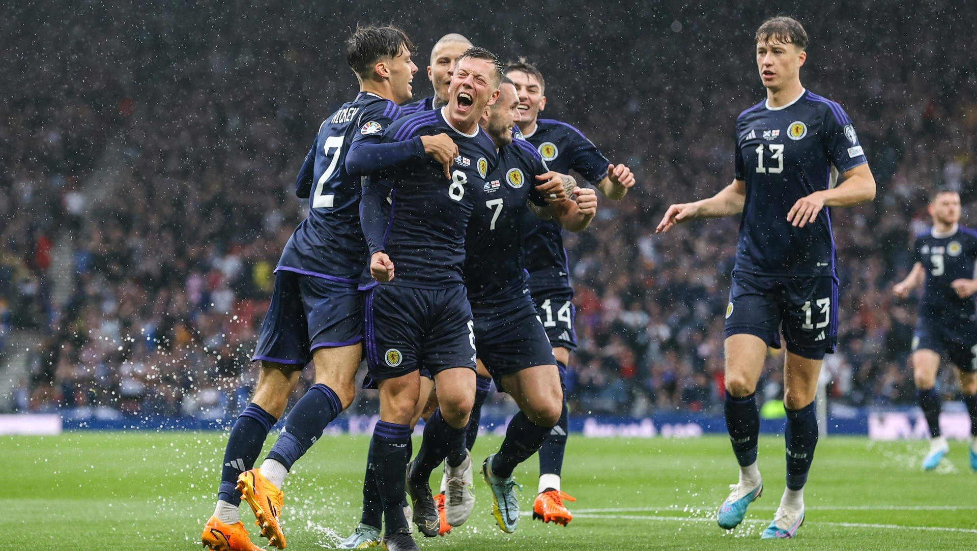 GLASGOW, SCOTLAND - JUNE 20: Scotland's Callum McGregor celebrates after making it 1-0 during a UEFA Euro 2024 qualifier between Scotland and Georgia at Hampden Park, on June 20, 2023, in Glasgow, Scotland. (Photo by Craig Williamson / SNS Group)